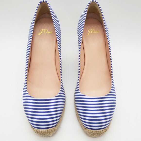J.Crew Seville Espadrille Wedges in Blue Stripe 7 Jute Platform Coastal Nautical - Picture 15 of 16